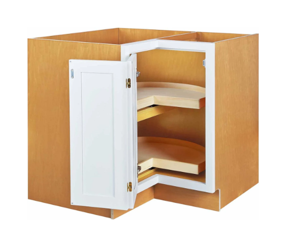RTA 33"W Kitchen Base Corner Lazy Susan Cabinet with Bi-Folding Doors and Double Rotating Shelves in Snow White Inset Shaker