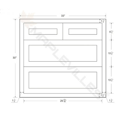 RTA 33"W Kitchen Four Drawer Base Cabinet in Snow White Inset Shaker