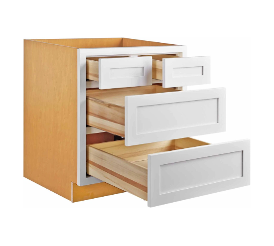 RTA 33"W Kitchen Four Drawer Base Cabinet in Vintage White Inset Raised Panel
