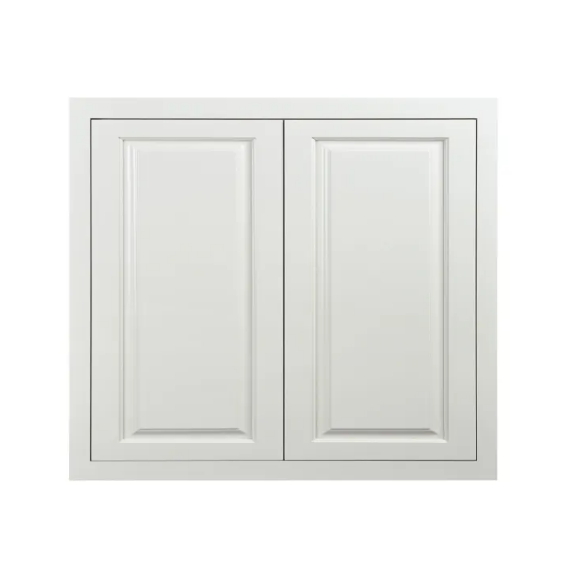33"W x 30"H Vintage White wall cabinet with double doors and two shelves