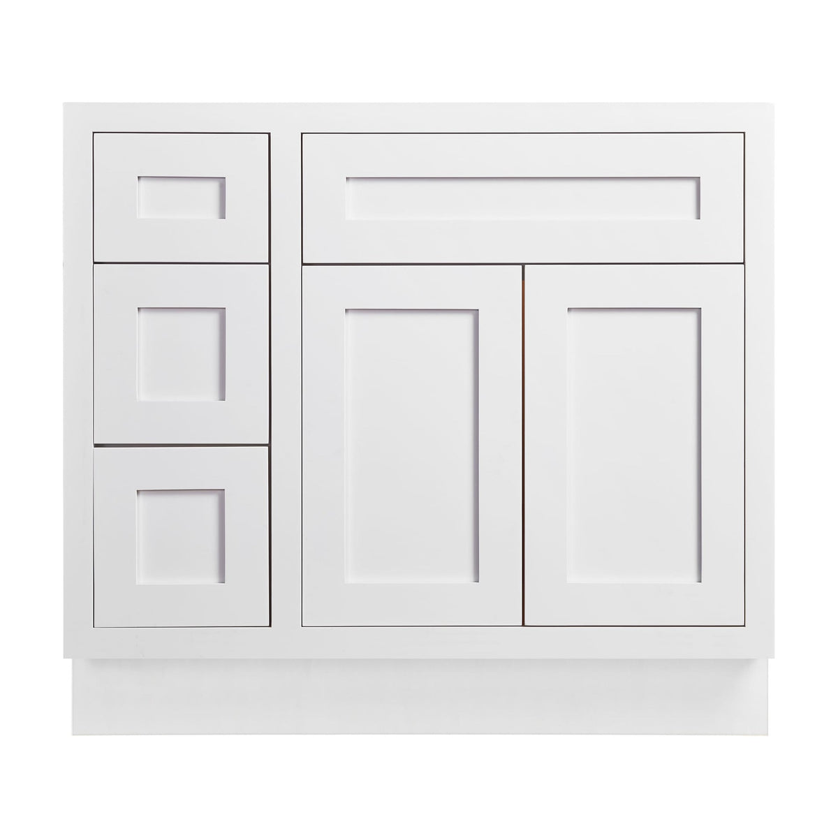 36 inch freestanding bathroom vanity sink base in Snow White with inset Shaker fronts
