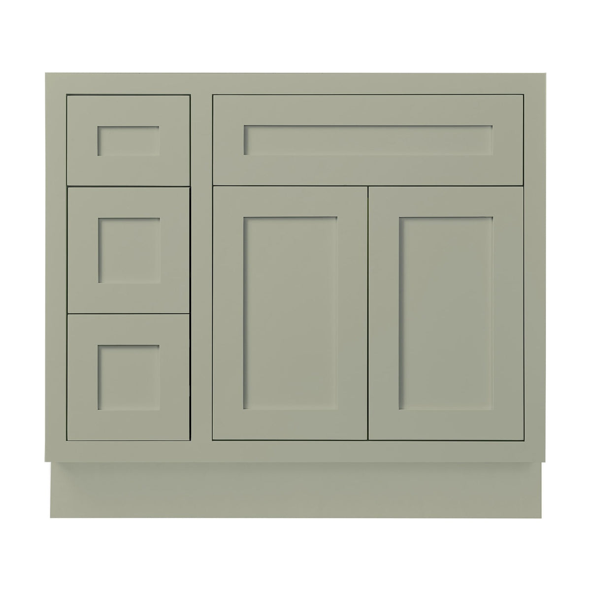 36 inch freestanding bathroom vanity sink base in Venetian Sage with inset Shaker fronts