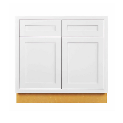 RTA 36"W Kitchen Base Cabinet with Double Doors and Double Drawers in Snow White Inset Shaker
