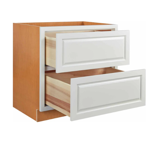 RTA 36"W Kitchen Two Drawer Base Cabinet in Vintage White Inset Raised Panel