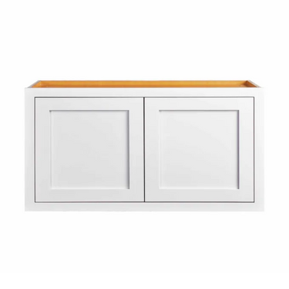 36"W x 18"H wall appliance cabinet with double doors, Snow White with inset Shaker fronts