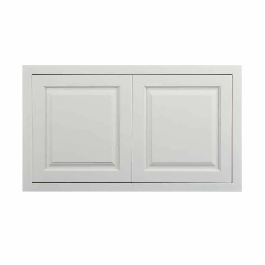 Wall appliance cabinet with double doors in Vintage White, sized 36"W x 18"H