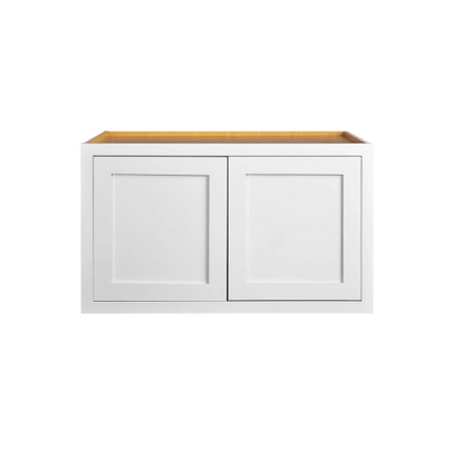 Snow White wall appliance cabinet with double doors measuring 36"W x 21"H