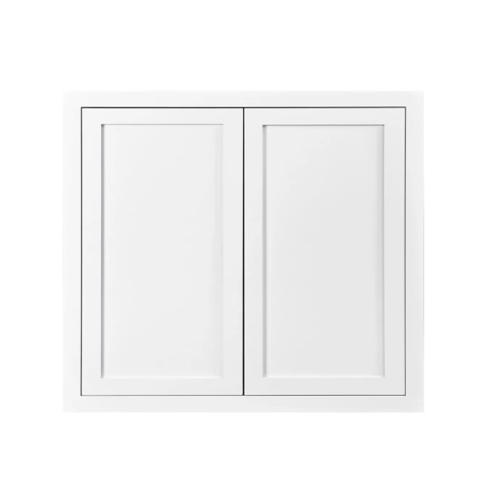 Snow White finish on a 36"W x 30"H wall cabinet with double doors and two shelves