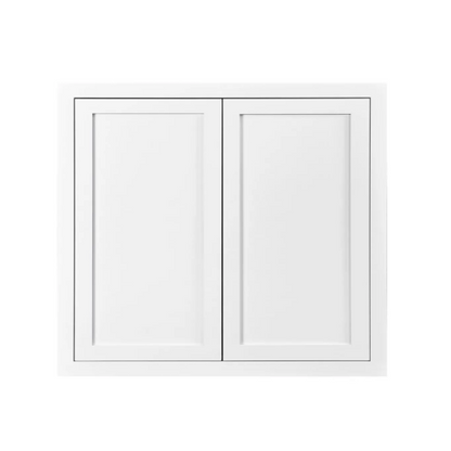 Snow White finish on a 36"W x 30"H wall cabinet with double doors and two shelves