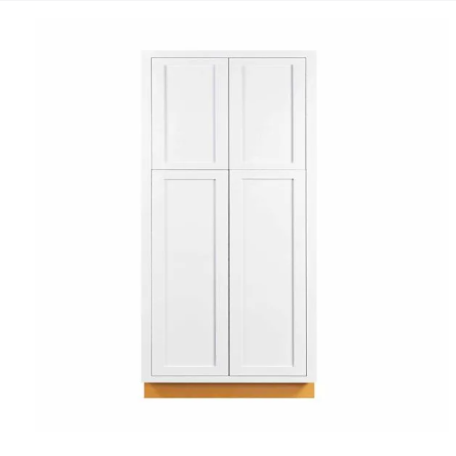 Inset Shaker pantry cabinet with four doors and four shelves in Snow White, 36"W x 84"H