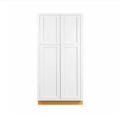Inset Shaker pantry cabinet with four doors and four shelves in Snow White, 36"W x 84"H