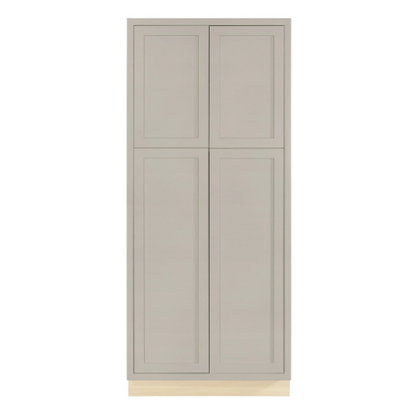 36"W x 84"H pantry cabinet with four doors and four shelves, Tuscan Grey with inset Shaker fronts