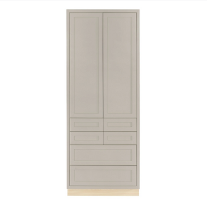 Inset Shaker double door pantry cabinet with two shelves and six drawers in Tuscan Grey, 36"W x 93"H