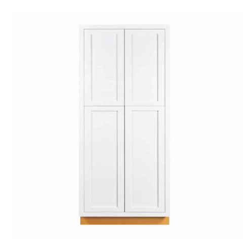 Snow White finish on a 36"W x 93"H pantry cabinet with four doors and four shelves