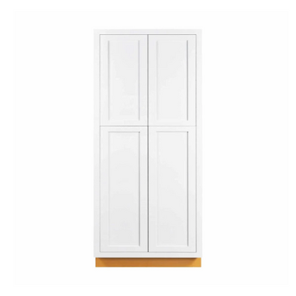 Snow White finish on a 36"W x 93"H pantry cabinet with four doors and four shelves