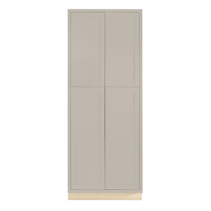 Pantry cabinet with four doors and four shelves, 36"W x 93"H, finished in Tuscan Grey