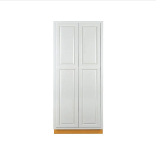 36"W x 93"H pantry cabinet with four doors and four shelves finished in Vintage White