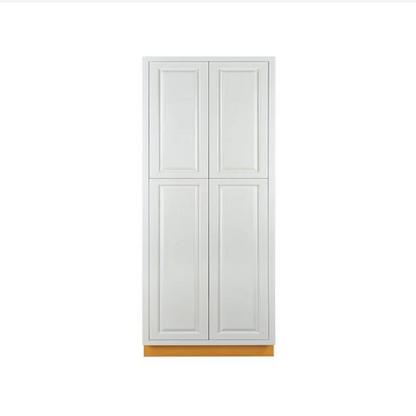 36"W x 93"H pantry cabinet with four doors and four shelves finished in Vintage White