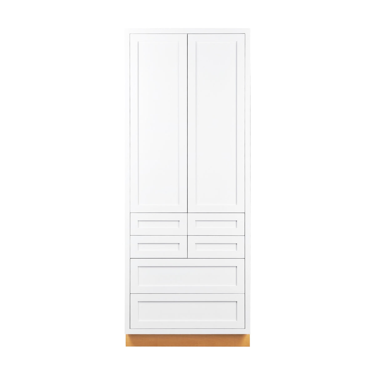 36 inch by 93 inch Snow White inset Shaker pantry cabinet with double doors and six drawers