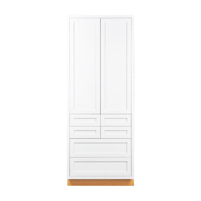 36 inch by 93 inch Snow White inset Shaker pantry cabinet with double doors and six drawers