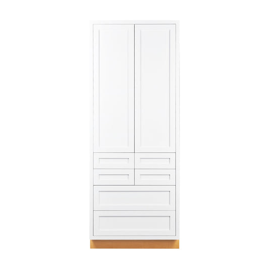 36 inch by 93 inch Snow White inset Shaker pantry cabinet with double doors and six drawers