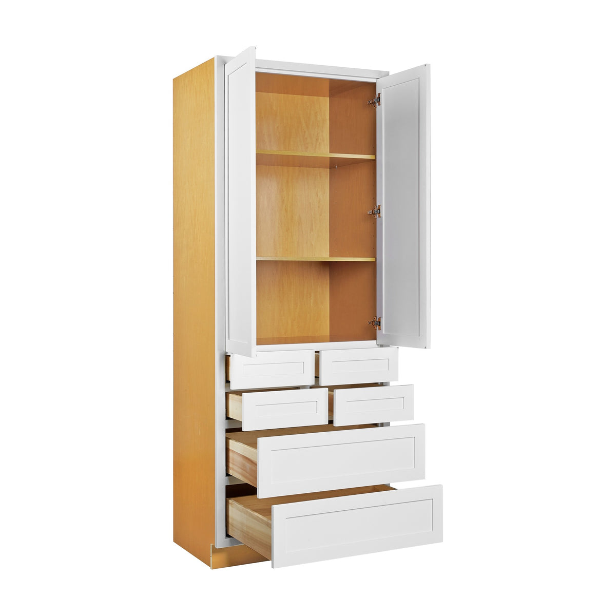 Snow White inset Shaker pantry cabinet shown open with shelves and drawers