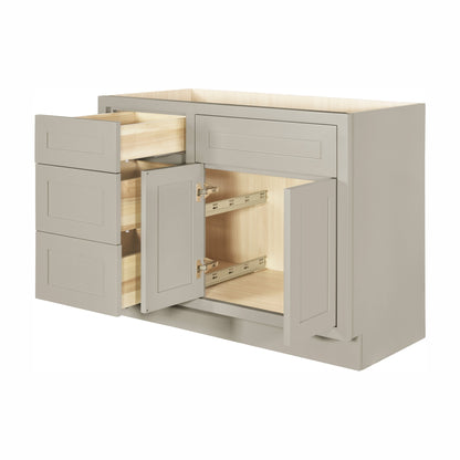 42 inch freestanding bathroom vanity sink base in Tuscan Grey with inset Shaker fronts, drawers and doors open
