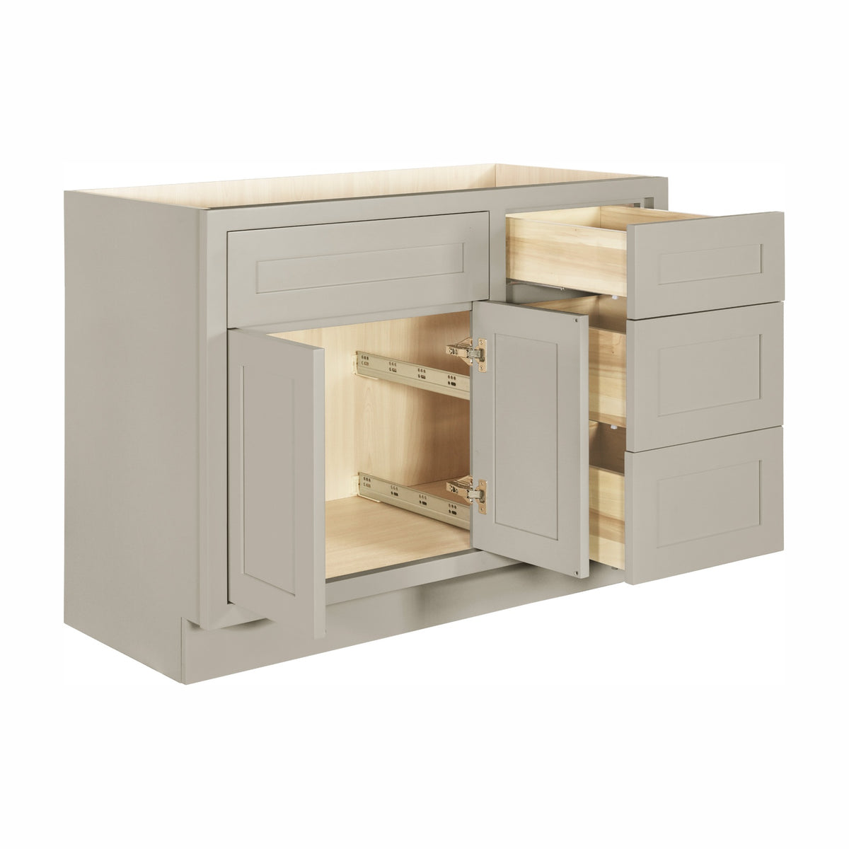 42 inch freestanding bathroom vanity sink base in Tuscan Grey with inset Shaker fronts, drawers and doors open