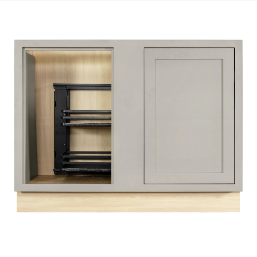 45"W base blind corner cabinet with one door and basket pull out finished in Tuscan Grey