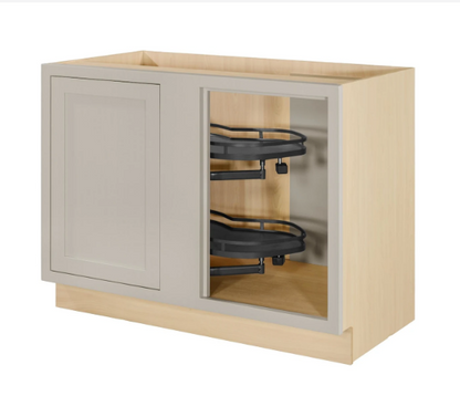45"W base left blind corner cabinet with one door and half moon pull out finished in Tuscan Grey
