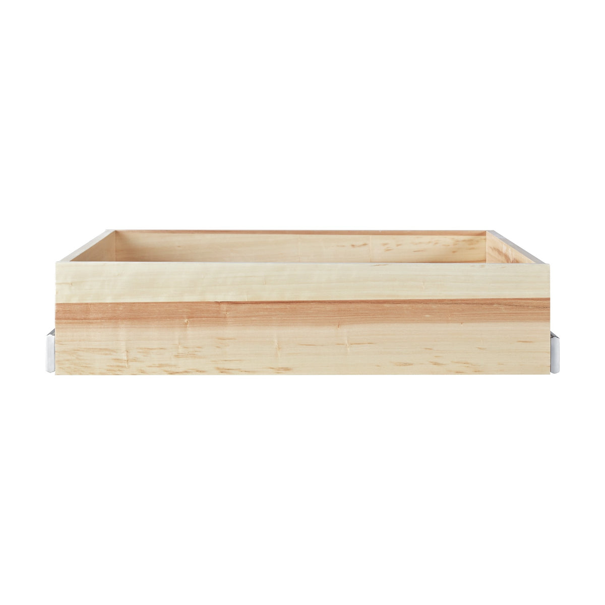 Natural wood roll out tray for a base cabinet, side view