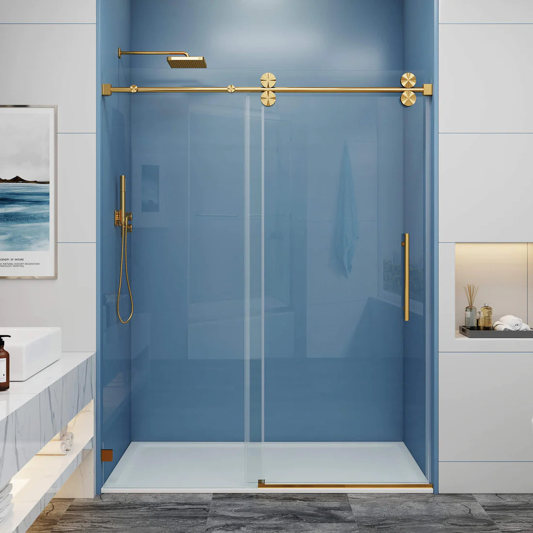 Corbett frameless single sliding shower door in 3/8 inch clear tempered glass