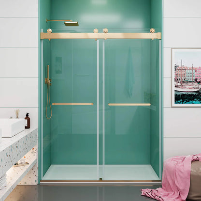 Cyrus frameless double sliding shower door in 3/8 inch clear tempered glass, soft closing