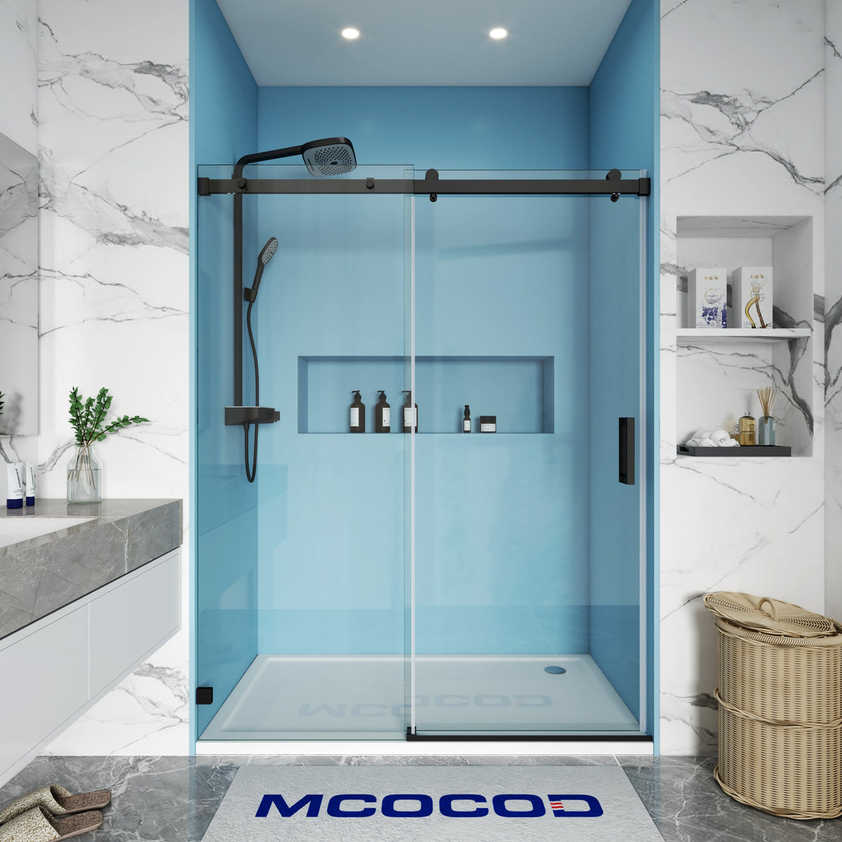 Leandros frameless soft-close single sliding shower door in Matte Black, 3/8 inch clear tempered glass