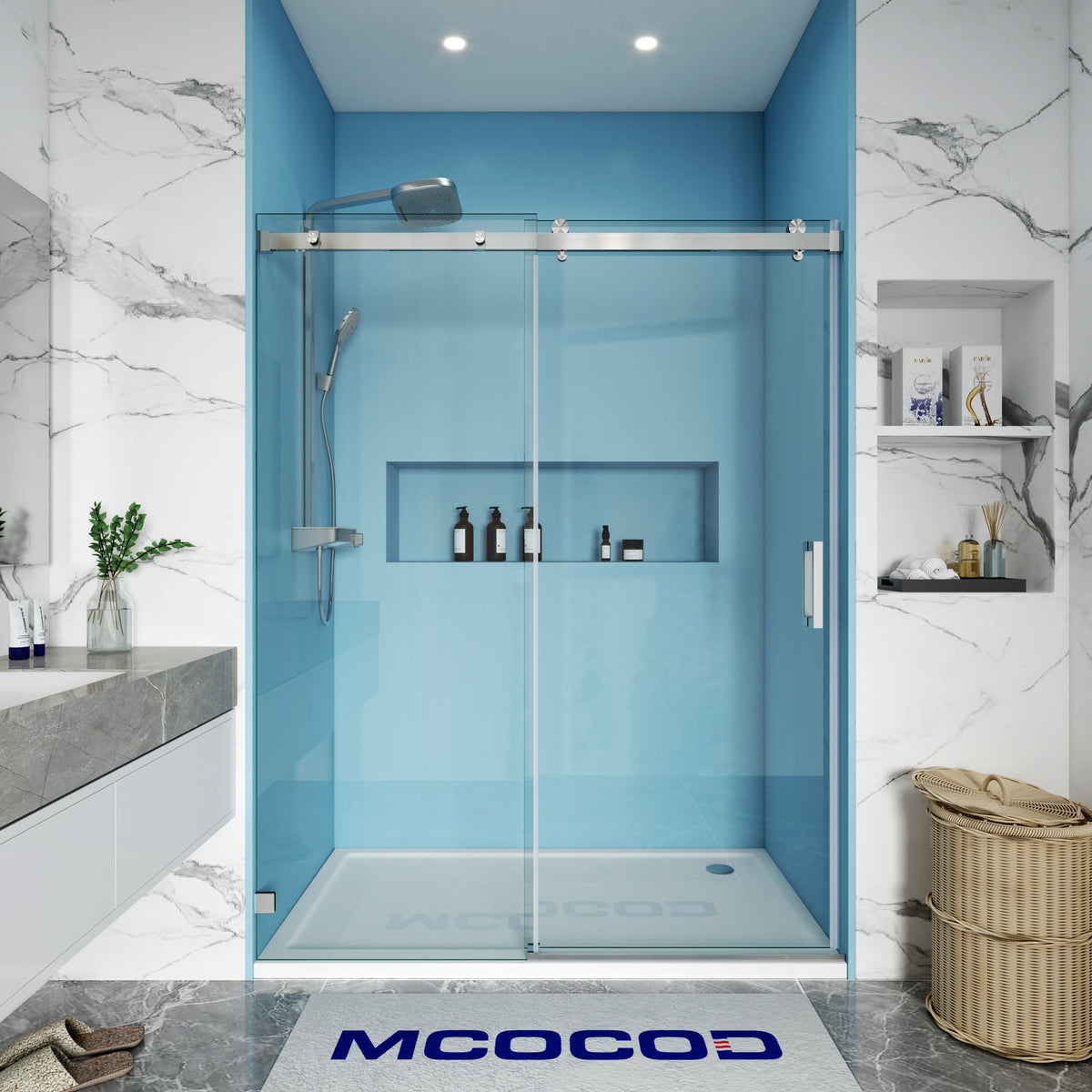 Leandros frameless soft-close single sliding shower door in Brushed Nickel, 3/8 inch clear tempered glass