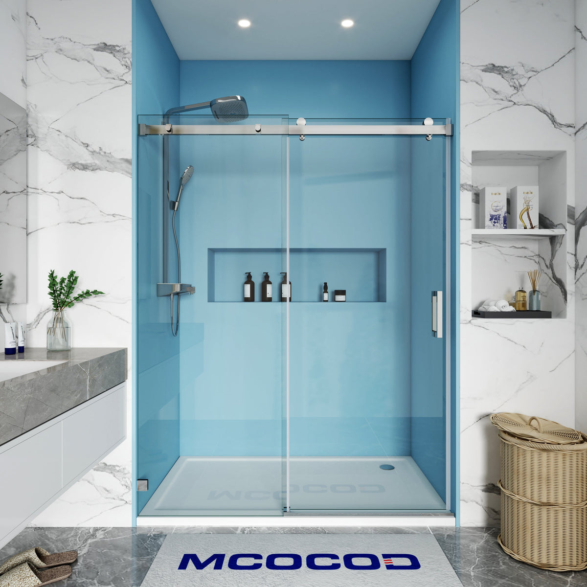 Leandros frameless soft-close single sliding shower door in Polished Chrome, 3/8 inch clear tempered glass