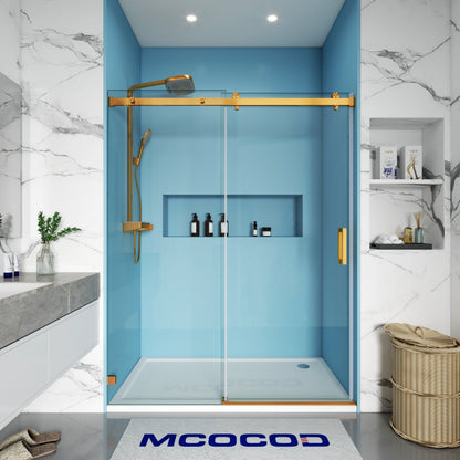 Leandros frameless soft-close single sliding shower door in Brushed Gold, 3/8 inch clear tempered glass
