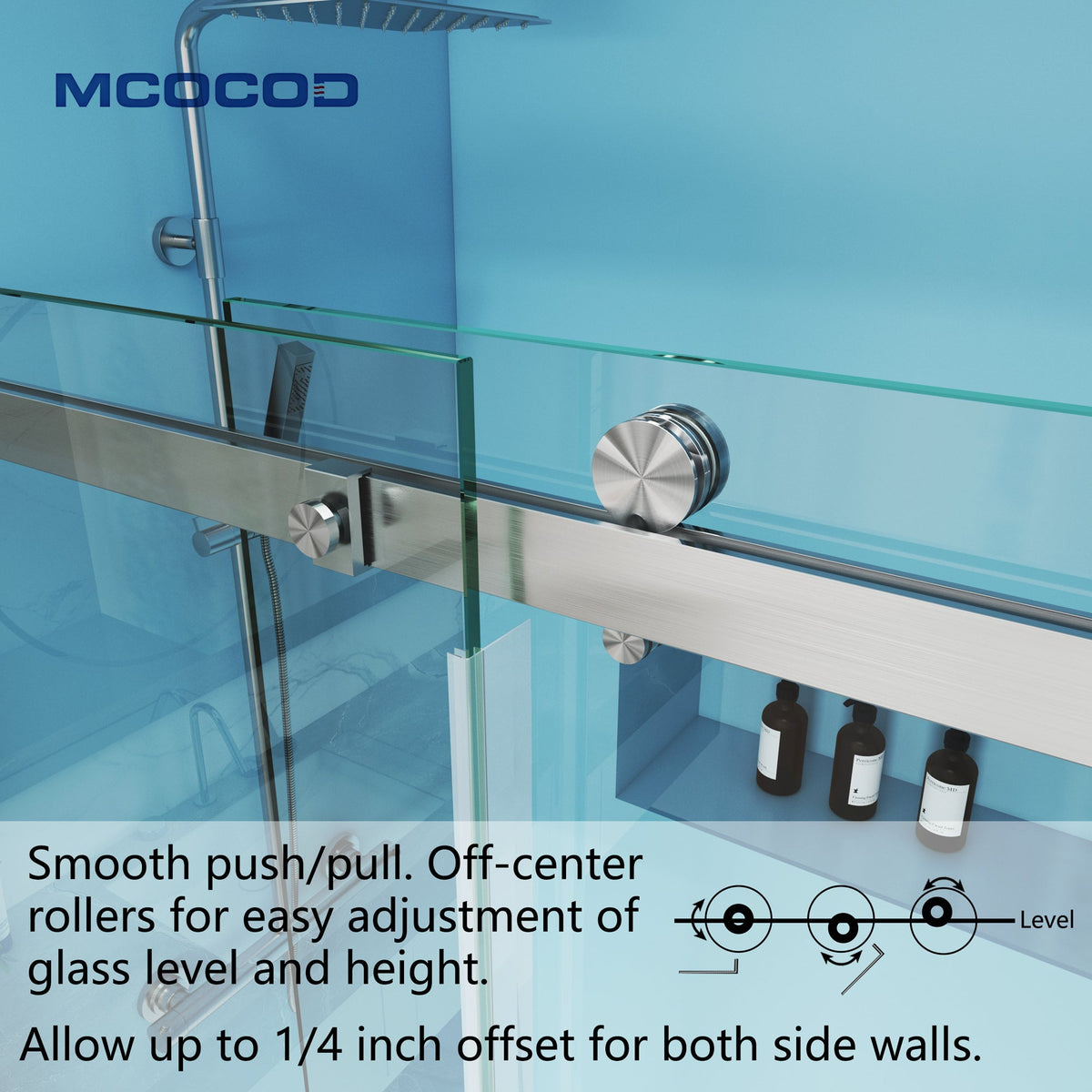 Leandros frameless soft-close single sliding shower door, off-center stainless steel rollers on the rectangular guide rail