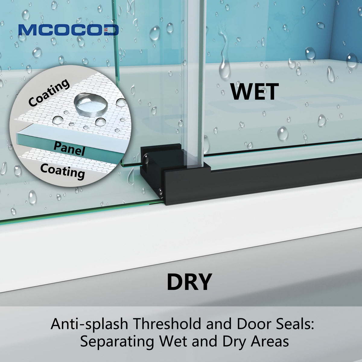 Leandros frameless soft-close single sliding shower door, anti-splash threshold and door seals