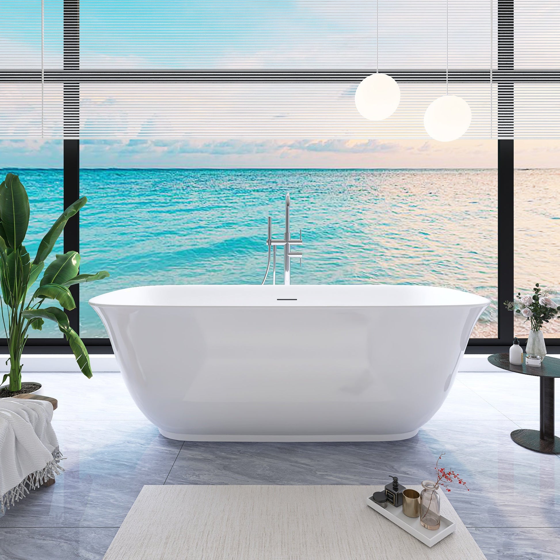 Riva 59 inch freestanding acrylic soaking bathtub, oval, glossy white