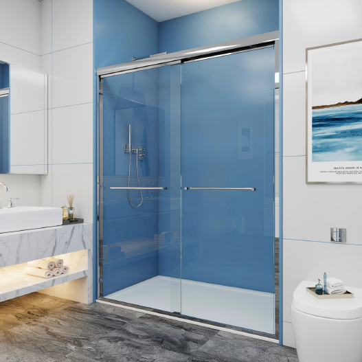 Rosina semi-frameless double sliding shower door in 5/16 inch clear tempered glass