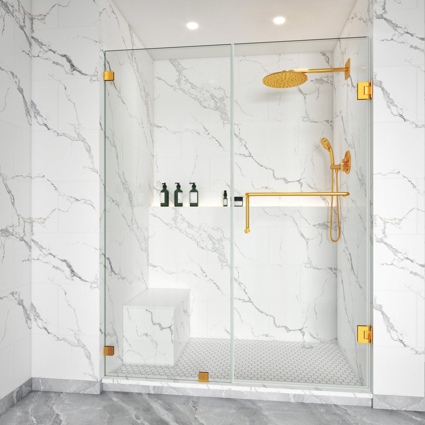 Thalos Frameless Swing Shower Door in Brushed Gold by Lina Collection