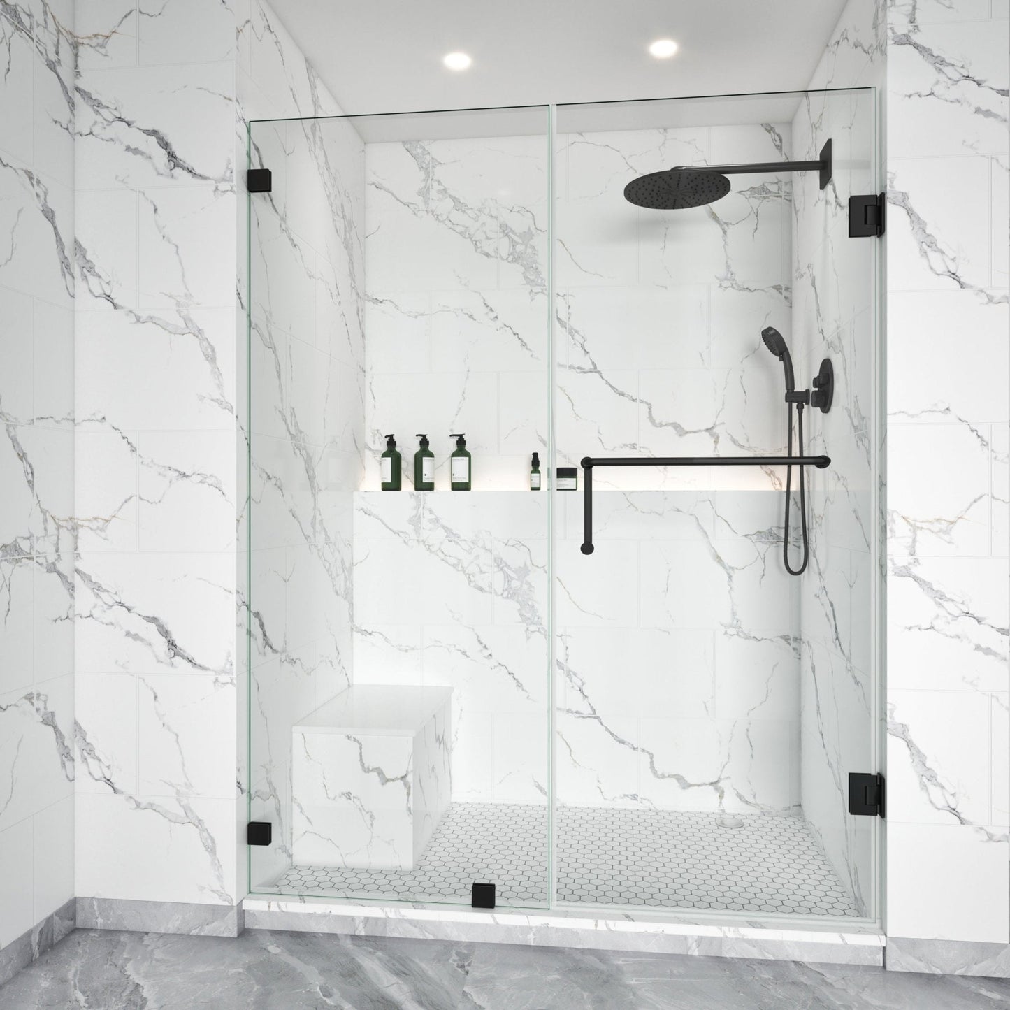 Thalos Frameless Swing Shower Door in Matte Black by Lina Collection