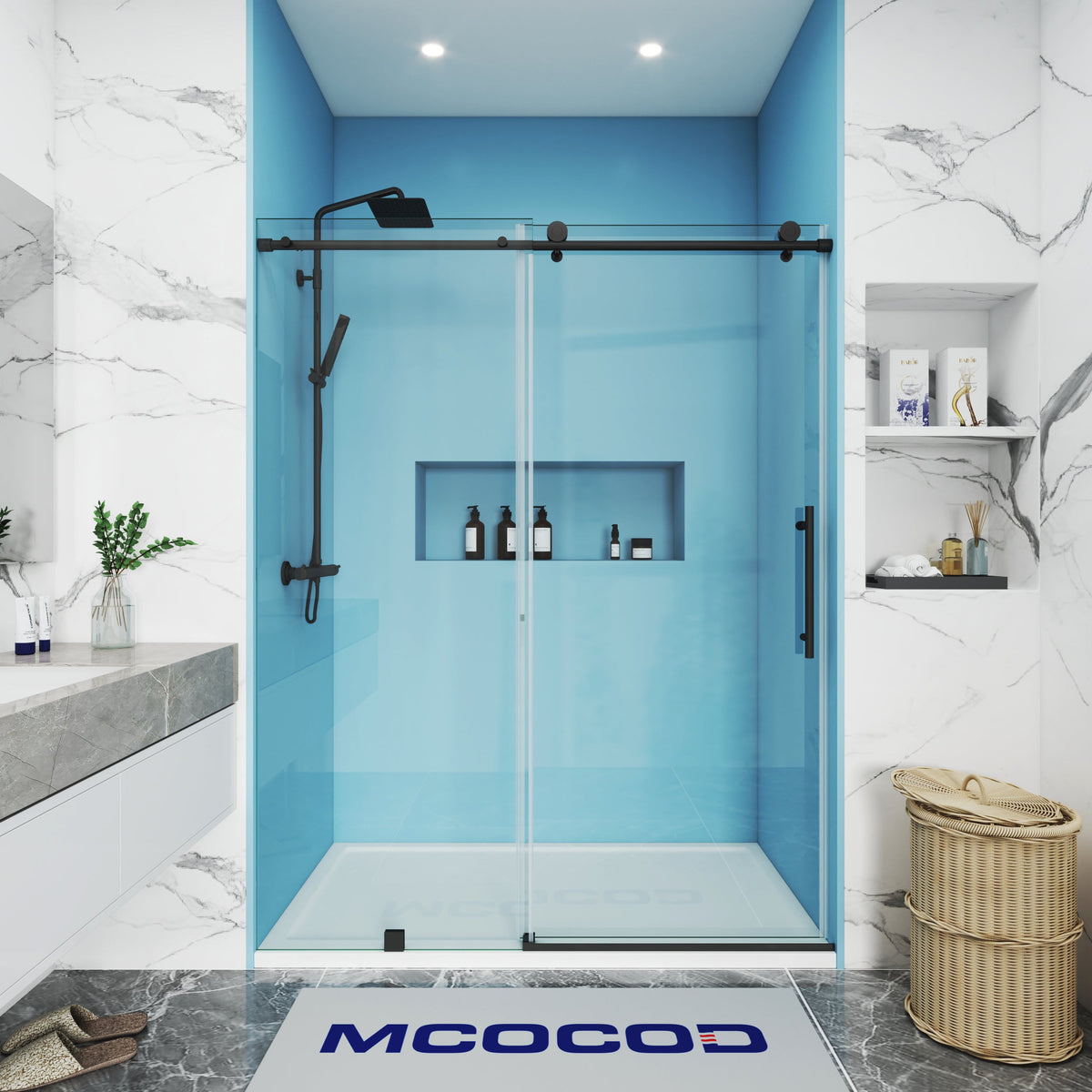 Theron frameless soft-close single sliding shower door with round guide rail in Matte Black, 5/16 inch clear tempered glass