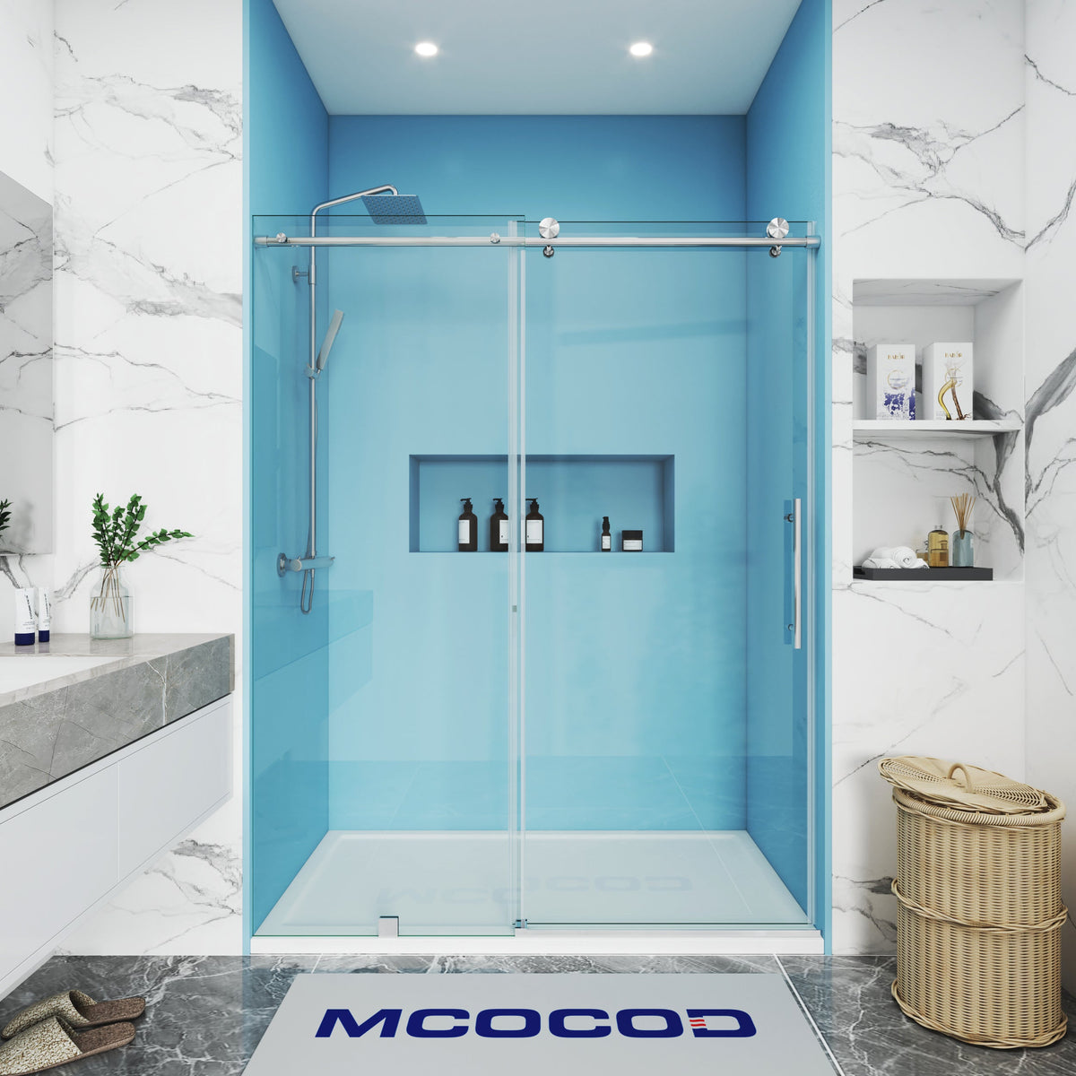 Theron frameless soft-close single sliding shower door with round guide rail in Brushed Nickel, 5/16 inch clear tempered glass