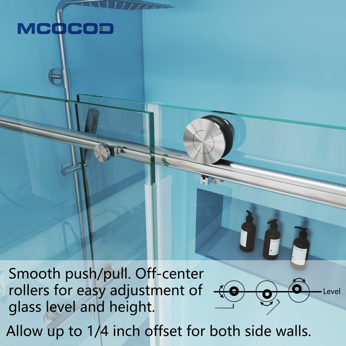 Theron frameless soft-close single sliding shower door with round guide rail, off-center stainless steel rollers