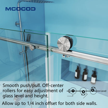Theron frameless soft-close single sliding shower door with round guide rail, off-center stainless steel rollers