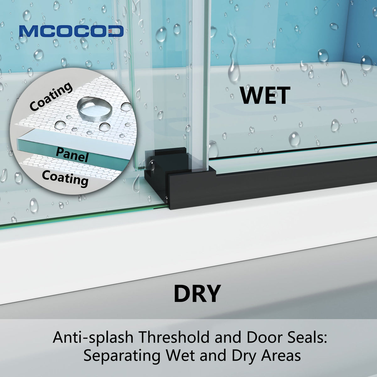 Theron frameless soft-close single sliding shower door with round guide rail, anti-splash threshold and door seals