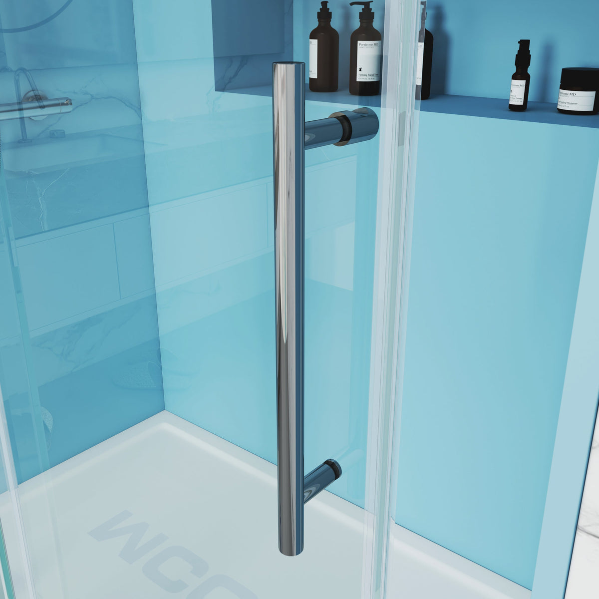 Theron frameless soft-close single sliding shower door with round guide rail, stainless steel handle bar