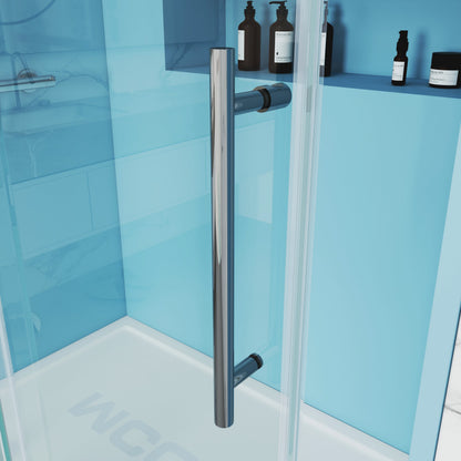 Theron frameless soft-close single sliding shower door with round guide rail, stainless steel handle bar